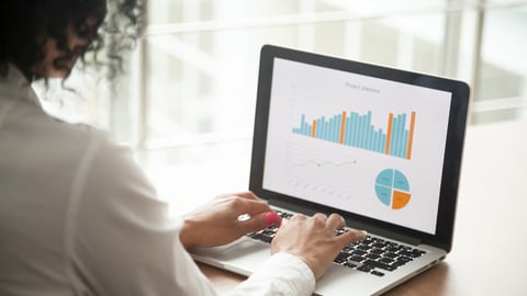 African businesswoman analyzing statistics on laptop screen, working with financial graphs charts online, using business software for data analysis and project management concept, rear close up view; Shutterstock ID 1022439592